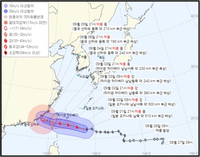 태풍 경로 현재위치 실시간, 기상청 오늘일기예보(오늘날씨예보·내일날씨예보·주말날씨)에 따른 11호 태풍 하이쿠이의 태풍 경로예상과 태풍 이동경로(태풍 진로 예상). 사진=케이웨더, 다음, 기상청