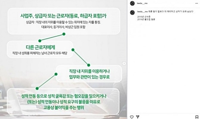 최근 김연경 저격 글을 올린 이다영이 지난 8월 23일 개인 인스타그램에 ‘직장 내 성희롱 예방 대응 매뉴얼’과 의미심장한 글을 게재했다. 앞서 이다영은 과거 김연경과 나눈 것으로 추정되는 카톡 내용을 지난 18일 공개한 데 이어 다음 날인 19일에는 “(나를) 술집 여자 취급했다” 등 일방적 주장을 이어갔다. 사진은 이다영이 올린 ‘직장 내 성희롱 예방 대응 매뉴얼’. 사진=이다영 인스타그램