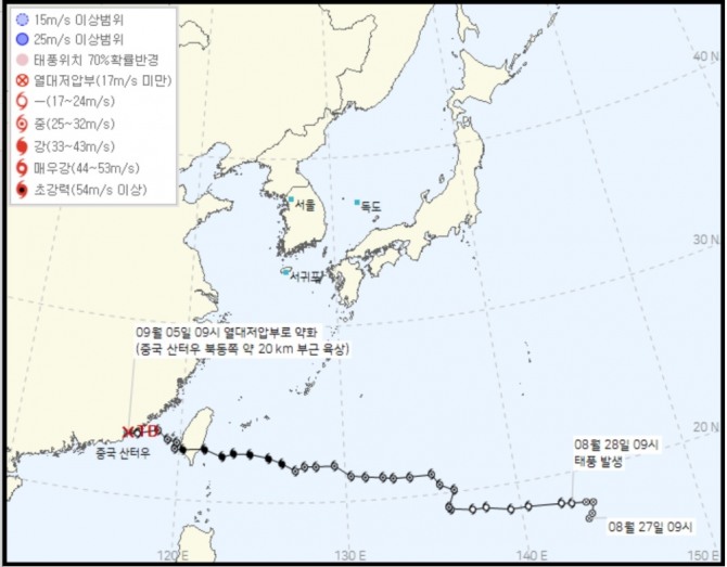 태풍경로 현재위치 실시간 위성사진, 기상청 오늘일기예보(오늘날씨예보·내일날씨예보)에 따른 11호 하이쿠이 태풍 경로예상, 태풍 이동경로(태풍 진로 예상). 사진=기상청, 케이웨더, 다음