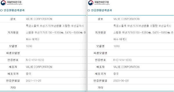 밸브 코퍼레이션이 국립 전파연구원에 신청한 무선기기 전파인증 취득 현황. 사진=국립전파연구원 공식 사이트 캡처