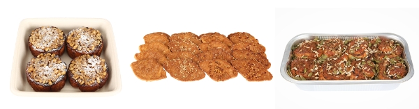 (왼쪽부터) 카라멜 호두퀸, 미니버터크룽지, 씨앗흑당롤. 사진=신세계푸드