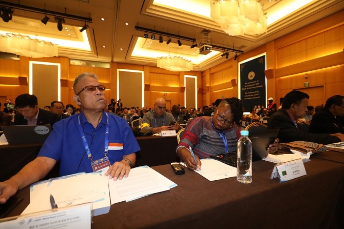 18일 오전 인천 그랜드하얏트 호텔서 'HWPL 9·18 평화 만국회의 9주년 기념식' 개최 전 진행된 기자회견. 사진=HWPL