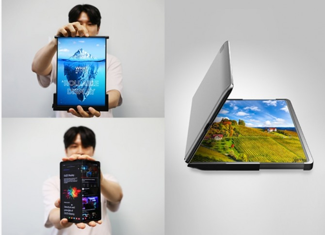 삼성디스플레이가 자랑하는 OLED기술. 슬라이더블 OLED(왼쪽 상단), 폴더블OLED(왼쪽 하단), 두 제품이 합쳐진 플렉스 하이브리드(오른쪽). 사진=삼성디스플레이