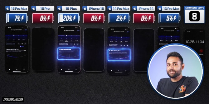 유명 테크 유튜버 미스터후즈더보스가 진행한 신형 아이폰 15 시리즈의 배터리 성능 테스트 모습.  사진=미스터후즈더보스 유튜브 갈무리
