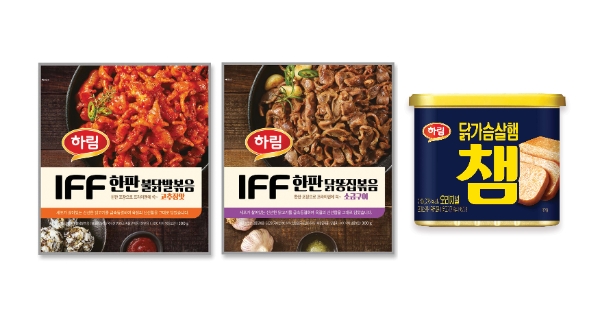 ‘IFF 한판’ 시리즈 제품 2종과 닭가슴살햄 ‘챔’ 제품 이미지. 사진=하림