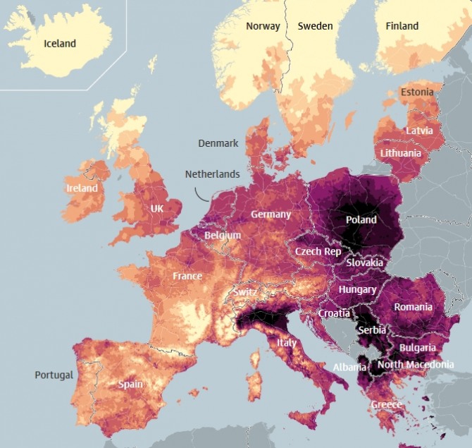유로존 공해지도. 사진=가디언/유트레히트대학/스위스열대‧공공보건연구소