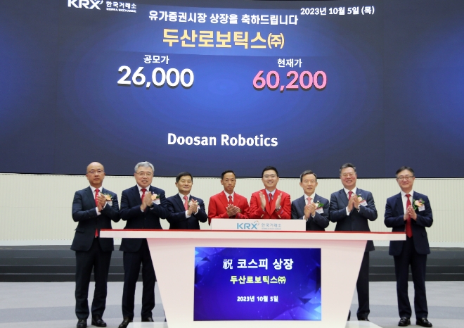 (왼쪽 네 번째부터) 박인원, 류정훈 두산로보틱스 대표가 5일 여의도 한국거래소에서 열린 두산로보틱스 유가증권시장 상장 기념식에서 매매개시 벨을 누른 후 관계자들과 기념사진을 촬영하고 있다. 사진=두산로보틱스