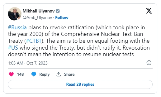 오스트리아 빈 주재 러시아 대표부의 미하일 울리야노프 대사가 지난 7일(현지시간) 포괄적핵실험금지조약(CTBTO) 비준 철회 방침과 관련해 소셜미디어 X에 올린 글. 사진=X