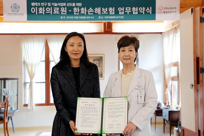 한화손해보험 한정선LIFEPLUS 펨테크연구소장(왼쪽)과 이화의료원 유경하 의료원장이 협약식 후 함께 기념촬영을 하고 있다. 사진=한화손해보험 제공.