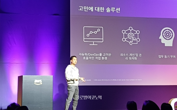 '게임즈 온 AWS 2023' 기조 연설을 하고 있는 권태현 네오위즈 CTO. 사진=이원용 기자