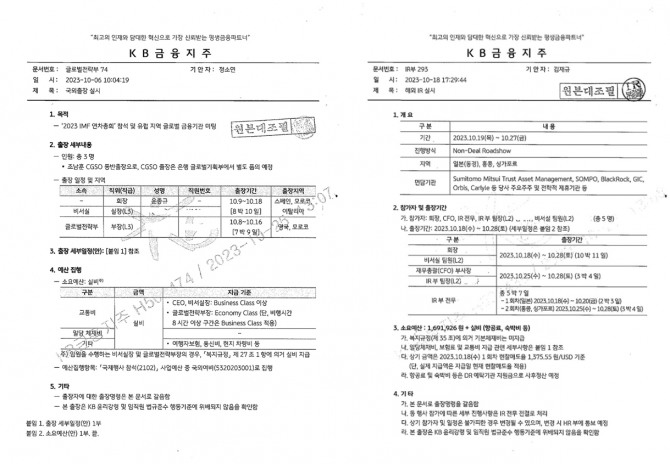 KB금융지주 회장 해외 시찰 관련 내부 품의서. 최초 윤종규 회장 국외출장 관련 내부품의서(좌측), 수정 윤종규 회장 국외출장 관련 내부품의서(우측). 자료=강민국 의원실