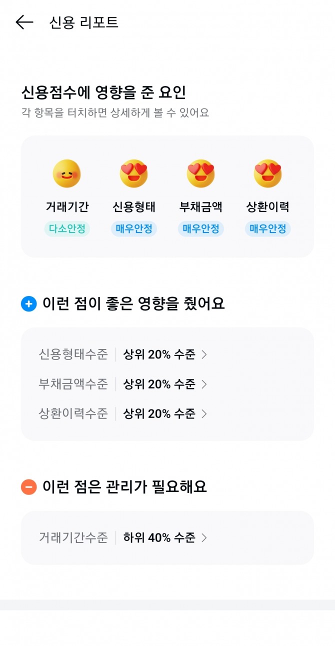 카카오페이 신용 리포트 화면. 사진=홍석경 기자.