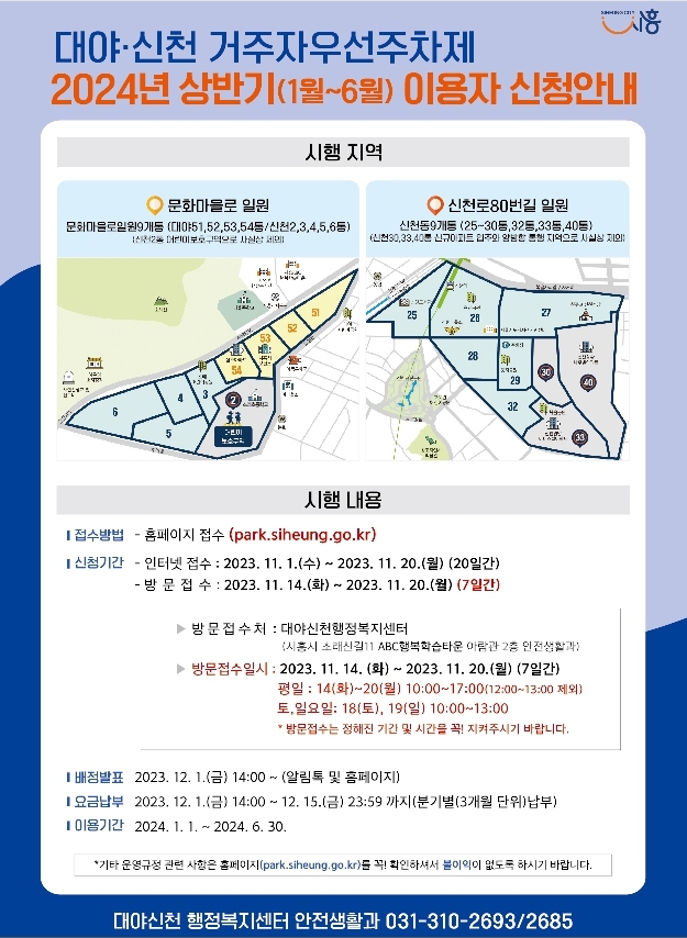대야·신천행정복지센터는 지역주민의 안정적인 주차 편의 제공과 원도심 내 주차환경 개선을 위해 ‘거주자우선주차제’를 시행 중이다. 다음 달부터 2024년 상반기 이용자의 신청을 받는다. 포스터=시흥시