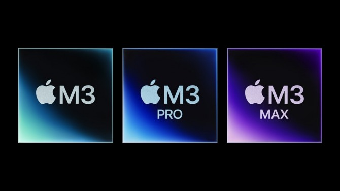 애플의 신형 칩 'M3' 시리즈.  M3 칩 제품군은 M1 칩 대비 렌더링 속도가 최대 2.5배 향상됐고, 중앙처리장치(CPU) 성능 코어 및 효율 코어는 M1 대비 각각 30%, 50% 향상됐다. 사진=애플