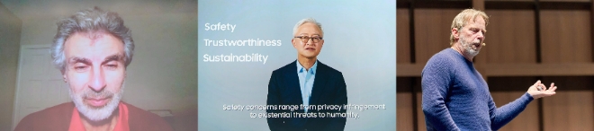 삼성전자는 7일 경기도 수원시 수원컨벤션센터에서 '삼성 AI 포럼 2023'을 개최했다. (왼쪽부터) 기조 강연을 하는 캐나다 몬트리올 대학교 요슈아 벤지오 교수, 개회사를 하는 삼성전자 경계현 대표이사 사장, 기조 강연을 하는 캐나다 AI 반도체 스타트업 텐스토렌트 CEO 짐 켈러 사진=삼성전자