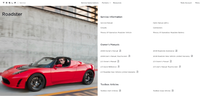 테슬라가 홈페이지를 통해 전면 공개한 1세대 로드스터 관련 정보. 사진=테슬라