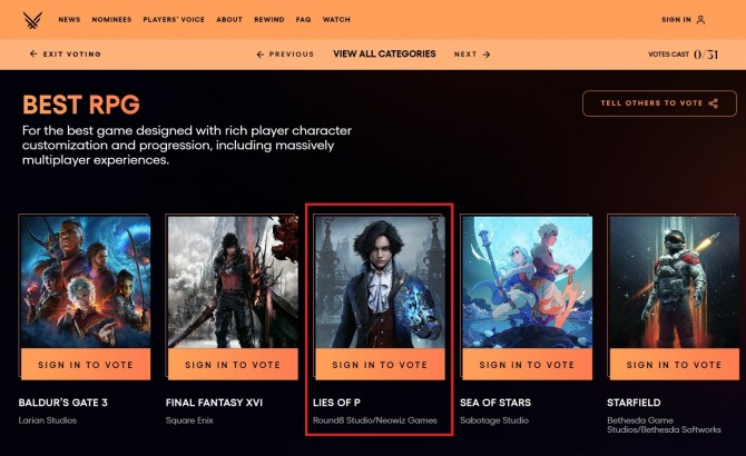 '베스트 RPG' 후보작에는 'P의 거짓'과 함께 '발더스 게이트3', '파이널 판타지16', '스타필드' 등 쟁쟁한 글로벌 대작들이 올랐다. 사진=TGA 홈페이지