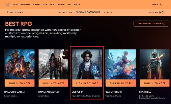 '베스트 RPG' 후보작에는 'P의 거짓'과 함께 '발더스 게이트3', '파이널 판타지16', '스타필드' 등 쟁쟁한 글로벌 대작들이 올랐다. 사진=TGA 홈페이지