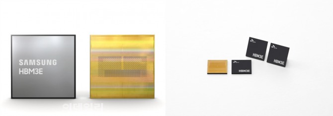(왼쪽부터)삼성전자의 HBM3E와 SK하이닉스의 HBM3E. 사진=삼성전자, SK하이닉스