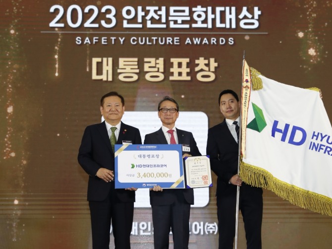 HD현대인프라코어가 11일(월) 정부 세종컨벤션센터에서 개최된 '2023 안전문화대상'에서 대통령표창을 수상했다. 사진=HD현대인프라코어