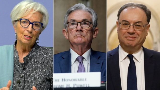크리스틴 라가르드 유럽중앙은행 (ECB) 총재 (왼쪽), 제롬 파월 미국 연방준비제도(Fed, 연준) 의장 (가운데), 앤드루 베일리 영국 잉글랜드은행(BOE) 총재 (오른쪽)가 13, 14일 새해 통화 정책 기조에 대해 입장을 밝혔다. 사진=CNN