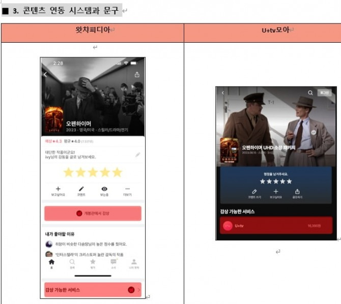 (왼쪽)왓차피디아, (오른쪽)U+tv모아 화면 비교. 사진=왓챠
