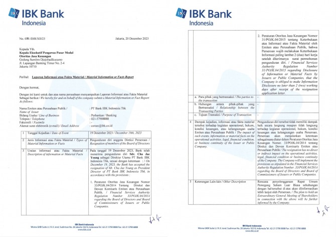 IBK기업은행 인도네시아법인이 인도네시아 금융감독청에 제출한 문서. 사진=인도네시아 금융감독청