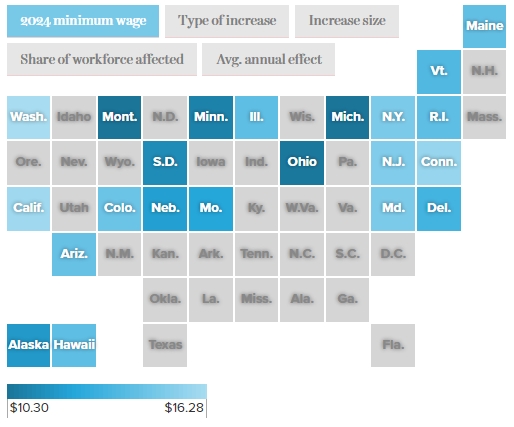 새해부터 최저임금을 인상하는 미국 22개 주 현황. 사진=EPI