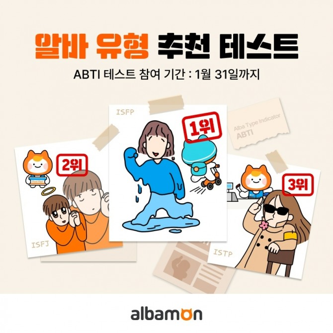 알바몬이 선보인 알바 MBTI 테스트 'ABTI'가 서비스 론칭 1개월 만에 참여 횟수 32만회를 돌파하며 인기를 얻고 있다. 사진=알바몬