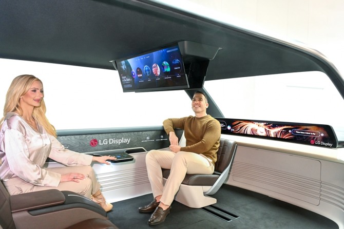 LG디스플레이 모델이 ‘CES 2024 혁신상’을 수상한 ’57인치 P2P LCD‘와 ‘32인치 슬라이더블 OLED’를 소개하는 모습. 사진=LG디스플레이