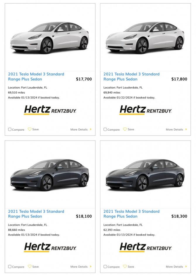 미국 1위 렌터카업체 허츠가 최근 중고 매물로 내놓은 테슬라 모델3 차량들. 사진=허츠