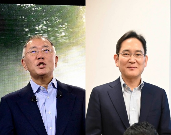 정의선 현대자동차그룹 회장(왼쪽)과 이재용 삼성전자 회장. 사진=현대차그룹·삼성전자
