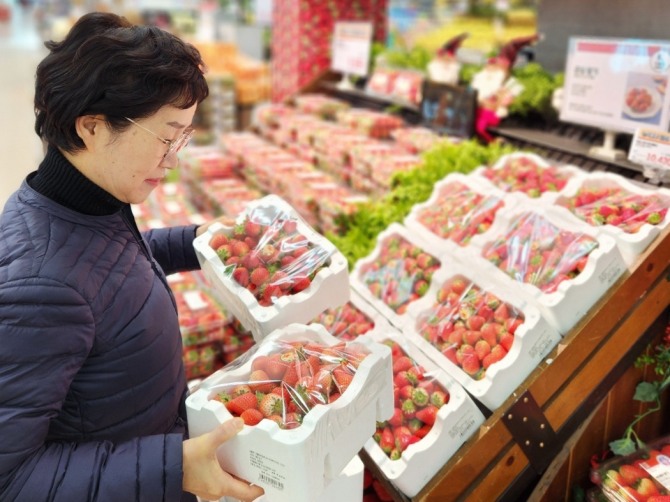 롯데마트 안산점 과일 매장에서 한입 꼬마 딸기 상품을 구매하고 있는 고객 모습. 사진=롯데마트 