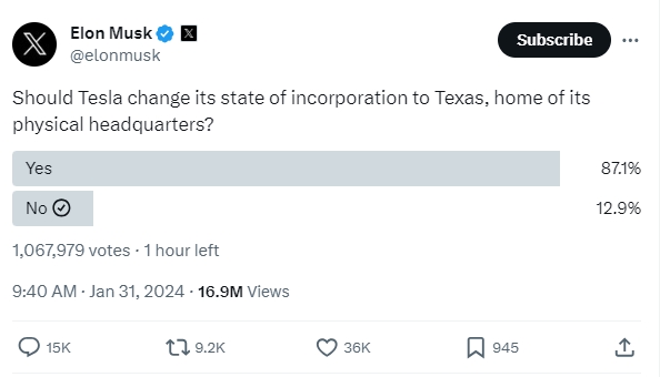 일론 머스크 테슬라 CEOO가 지난달 31일(현지시간) X에서 진행한 테슬라 법인 등록처 변경 관련 즉석 설문조사 결과. 사진=X
