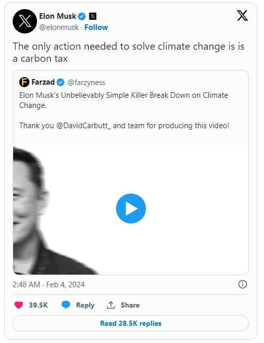 일론 머스크가 지난 4일 X에 올린 탄소세 관련 트윗. 사진=X
