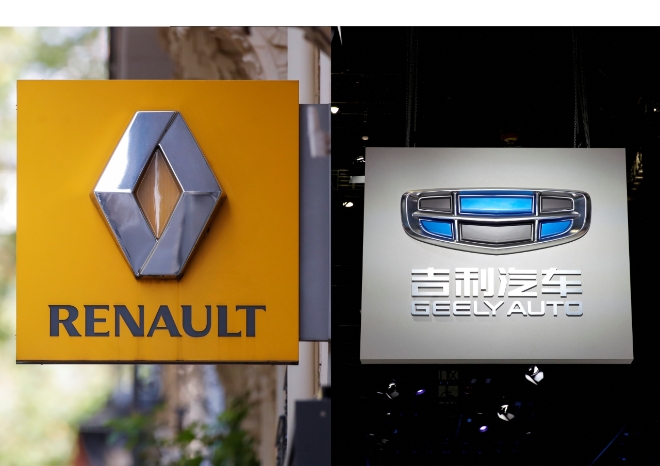 프랑스 르노자동차 로고(왼쪽)와 중국 지리자동차 로고. 사진=로이터