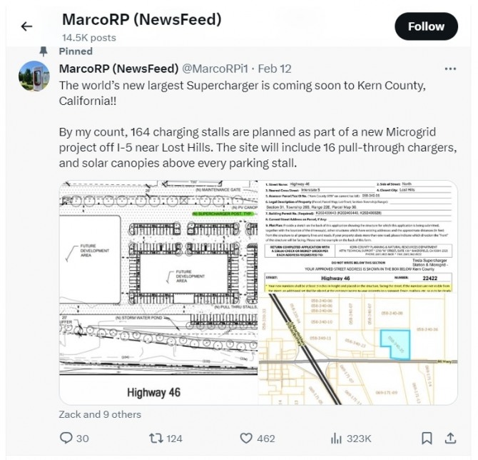 테슬라가 최근 미국 캘리포니아주에 제출한 세계 최대 규모의 슈퍼차저 건축 도면. 사진=일렉트렉