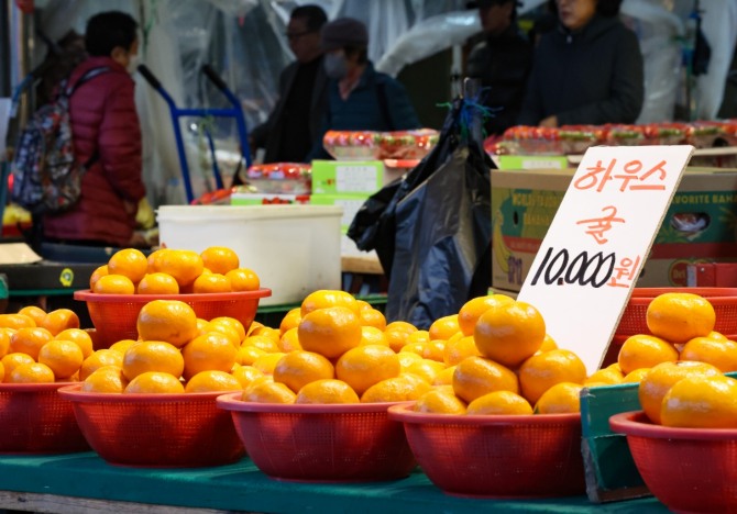 통계청이 발표한 '2월 소비자물가 동향'에 따르면 소비자물가지수는 113.77로, 1년 전보다 3.1% 올랐다. 사진은 서울의 한 전통시장의 과일 판매대. 사진=뉴시스