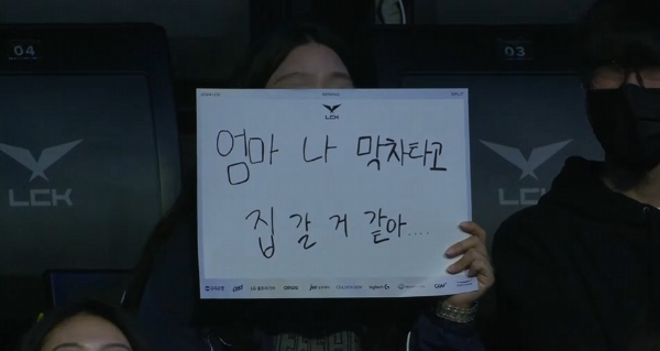 2월 25일 LOL파크를 찾은 관중이 경기가 장기간 중단되자 이에 관한 치어풀(응원판)을 작성한 모습. 사진=LCK 공식 유튜브 채널
