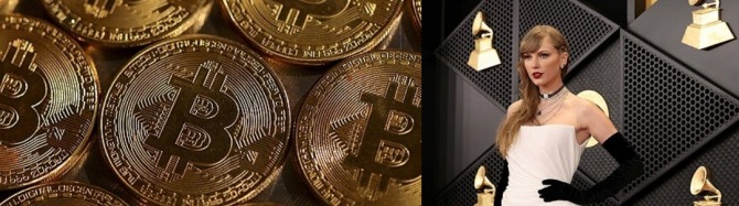 비트코인과 그래미 시상식에 참석한 테일러 스위프트     사진=로이터/연합뉴스