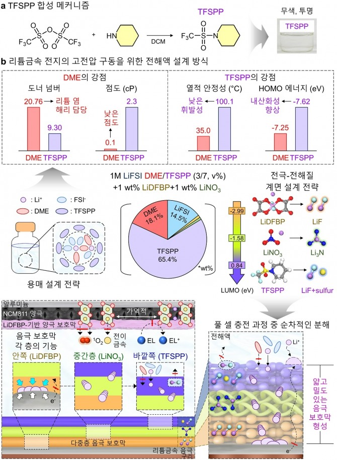 (상단; a) TFSPP 합성 메커니즘 및 용매 사진, (하단; b) 리튬금속전지의 고전압 구동을 위한 전해액 설계 방식 제안. 사진=KAIST