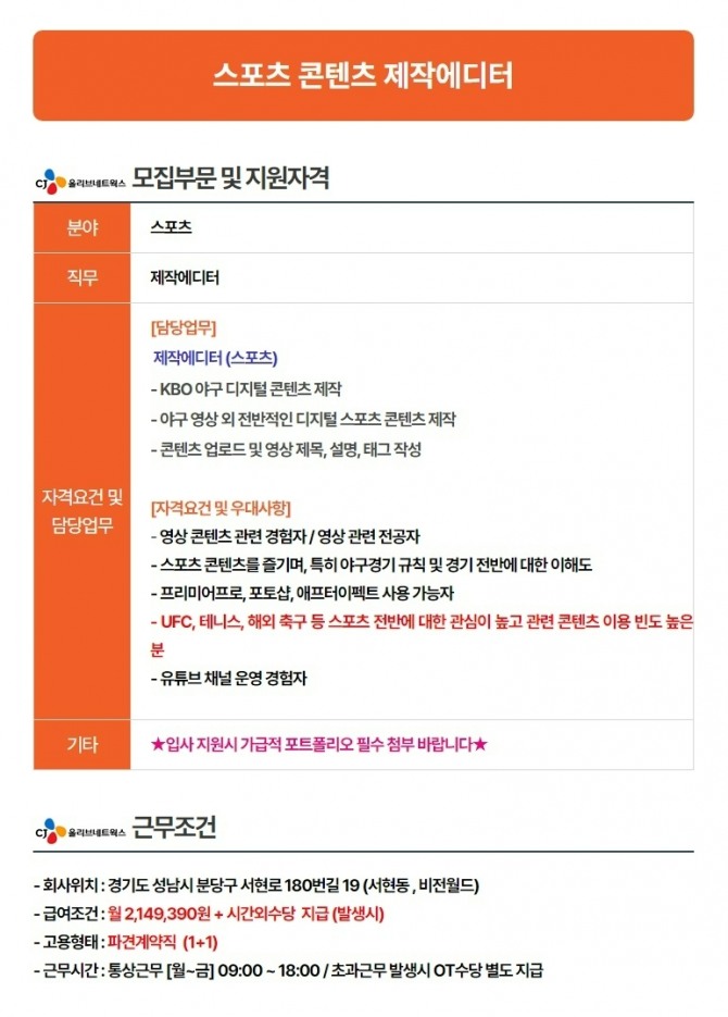 CJ올리브네트웍스가 제작하는 프로야구 관련 영상에 대한 팬들의 불만이 끊이지 않자 급히 관련 영상 편집자 모집 공고를 올렸다. 그러나 엄청난 전문성을 요구하는 것과 달리 고용은 파견계약직에 급여도 최저시급보다 조금 더 많은 수준이어서 논란이 일었다. 자료=CJ올리브네트웍스