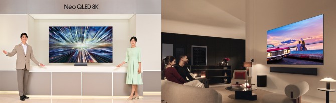 삼성전자의 네오 QLED 8K TV(왼쪽)와 LG전자의 LG 올레드 에보(G4)(오른쪽). 사진=삼성전자, LG전자