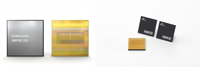 삼성전자의 업계 최초 36GB(기가바이트) HBM3E 12H(12단 적층) D램(왼쪽)과 SK하이닉스가 세계 최초로 본격 양산하는 HBM3E. 사진=삼성전자, SK하이닉스