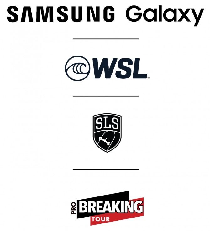 삼성전자가 협력하게 될 (위에서부터)월드서프리그(WSL)·스트리트 리그 스케이트보딩(SLS)·프로 브레이킹 투어(PBT) 리그 로고. 사진=삼성전자