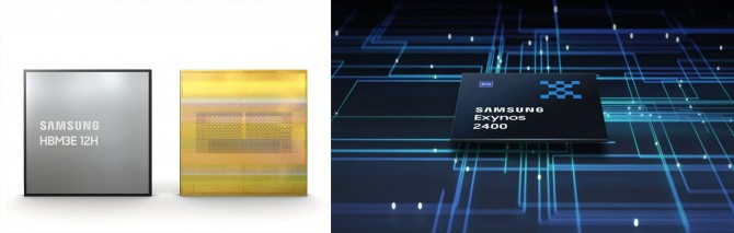 삼성전자의 36GB HBM3E 12H D램(왼쪽)과 삼성전자 파운드리에서 생산되는 엑시노스 2400(오른쪽). 사진=삼성전자
