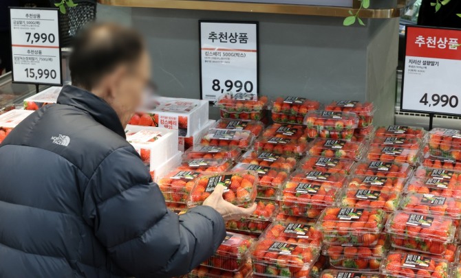 한국은행이 21일 발표한 '5월 소비자동향조사' 결과에 따르면 이달 기대인플레이션율은 3.2%로 집계돼 전월(3.1%)대비 0.1%포인트(p) 상승했다.사진은 서울 시내 대형마트에서 한 소비자가 딸기를 구매하는 모습. 사진=뉴시스