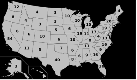 미국 지역별 선거인단(할당 인원) 현황. 자료=외신 종합