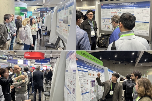 지난 5일부터 10일(현지시각)까지 미국 샌디에이고에서 열린 ‘미국암연구학회(AACR 2024)’에서 한미약품 R&D센터 연구원들이 혁신 항암신약 연구 내용이 담긴 포스터를 토대로 참석자들에게 설명하고 있다. 사진=한미약품