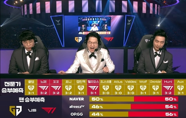 2024 LCK 스프링 스플릿 결승전 승부 예측 자료. 해설진은 왼쪽부터 '클템' 이현우 해설위원과 전용준 캐스터, '노페' 정노철 해설위원. 사진=LCK 유튜브 채널